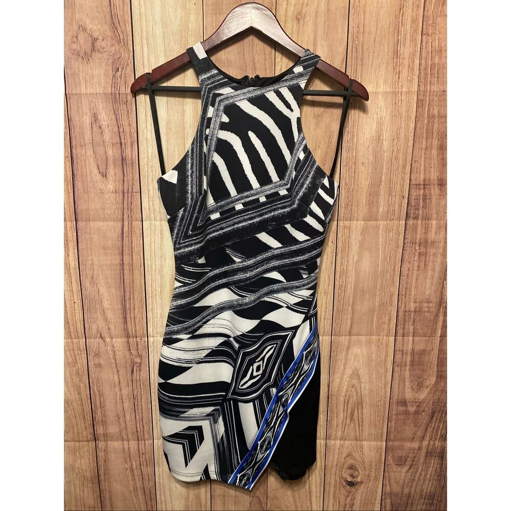 Bebe Small bodycon sexy dress sleeveless black white blue print